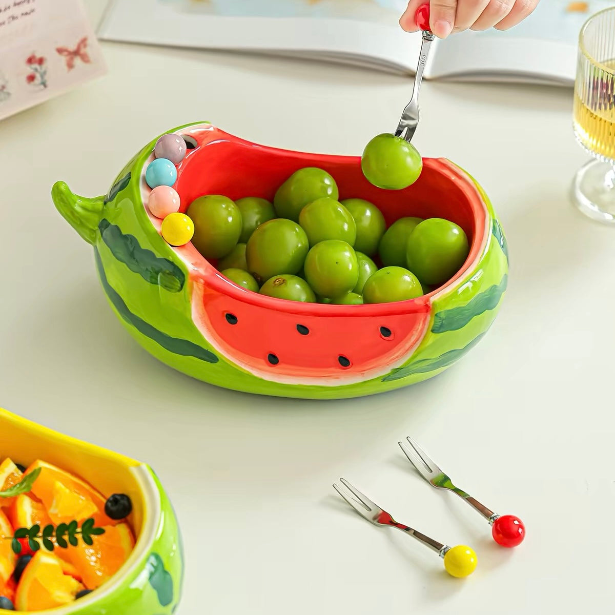 Ceramic Watermelon Fruit Bowl with Stainless Steel Forks