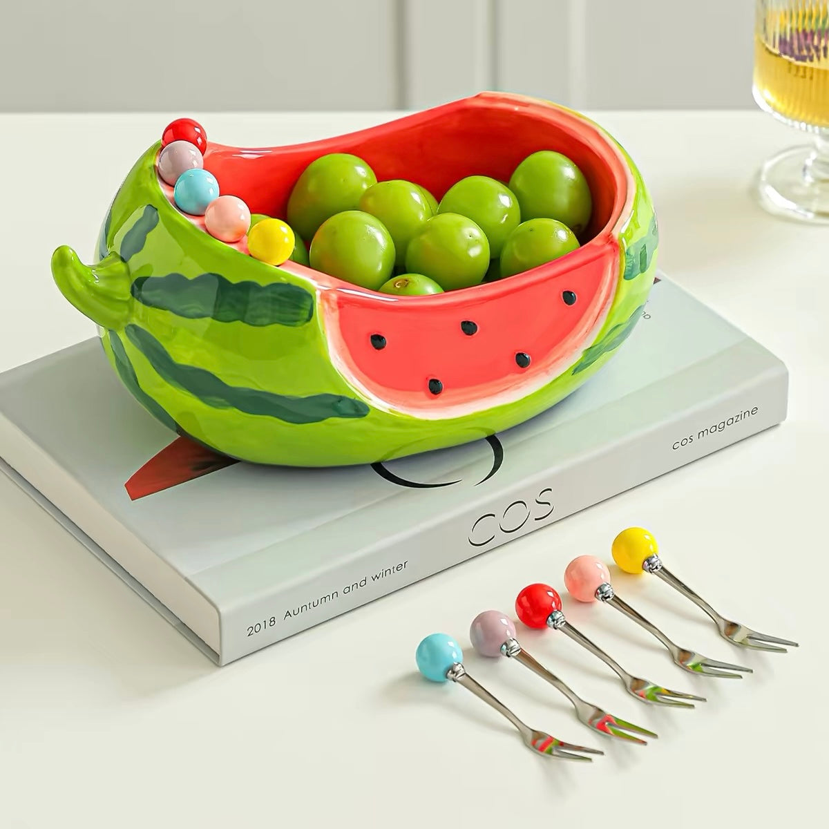 Ceramic Watermelon Fruit Bowl with Stainless Steel Forks