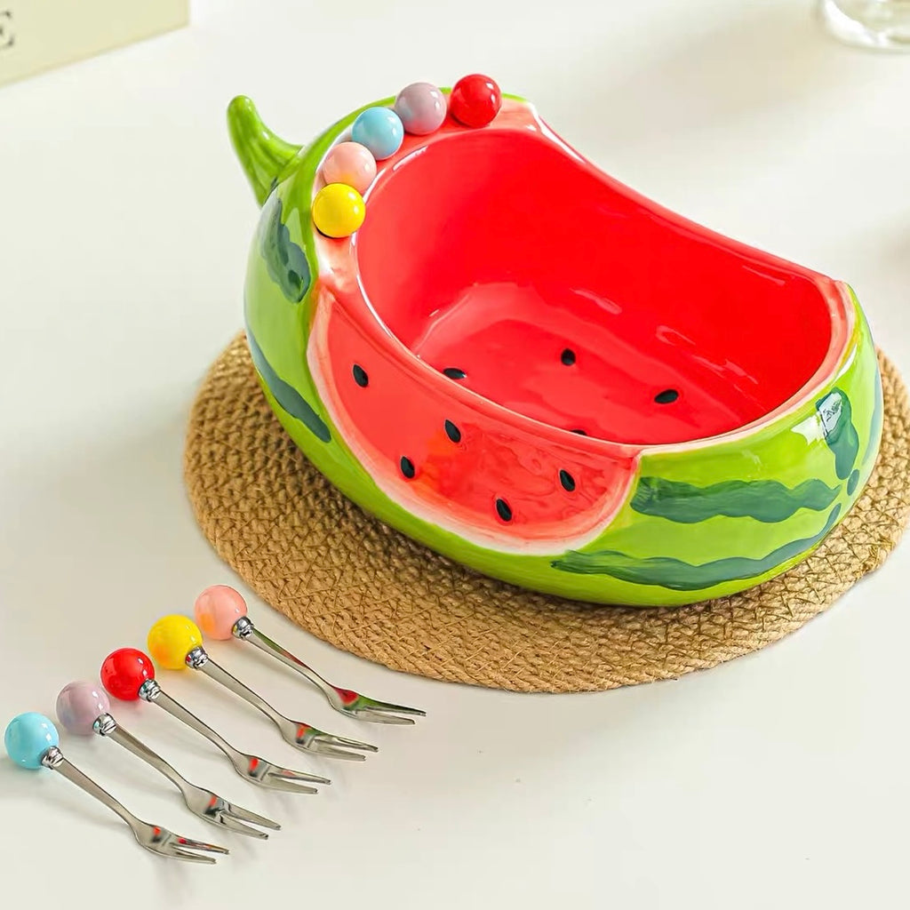 Ceramic Watermelon Fruit Bowl with Stainless Steel Forks