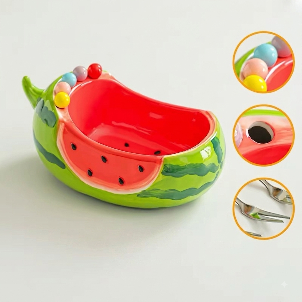 Ceramic Watermelon Fruit Bowl with Stainless Steel Forks