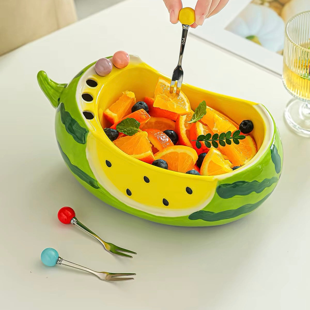 Ceramic Watermelon Fruit Bowl with Stainless Steel Forks