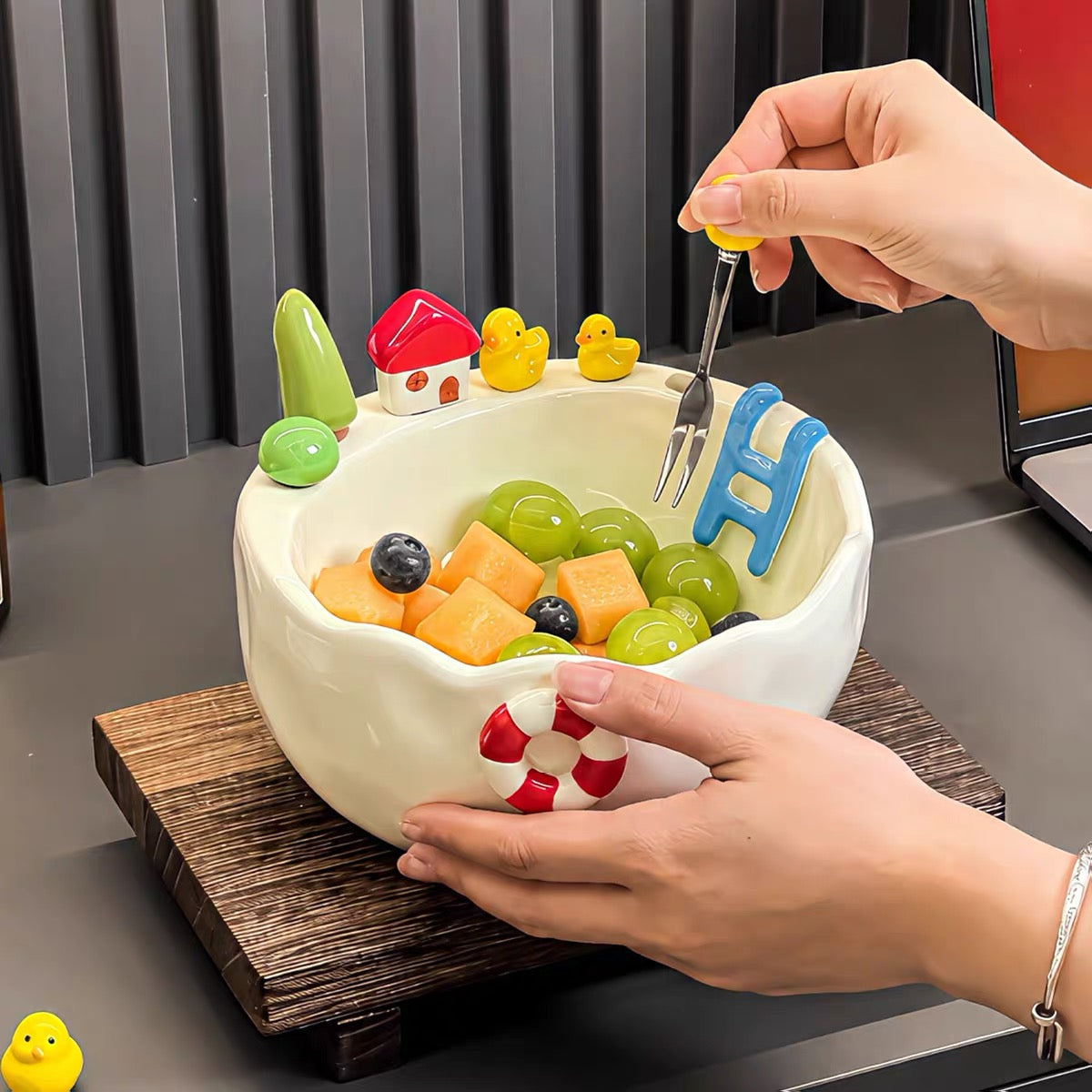 Ceramic Swimming Pool Fruit Bowl Set with Forks