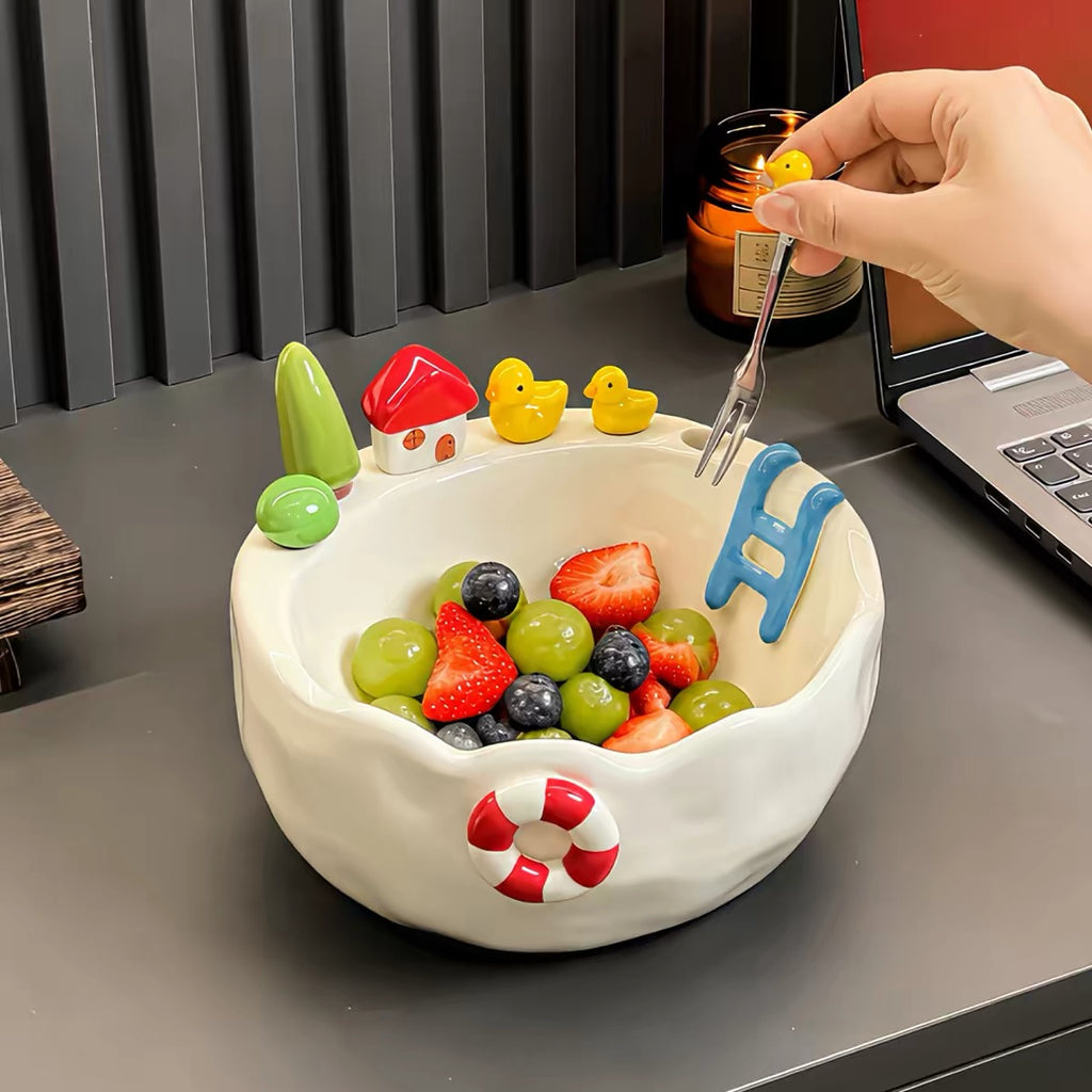 Ceramic Swimming Pool Fruit Bowl Set with Forks