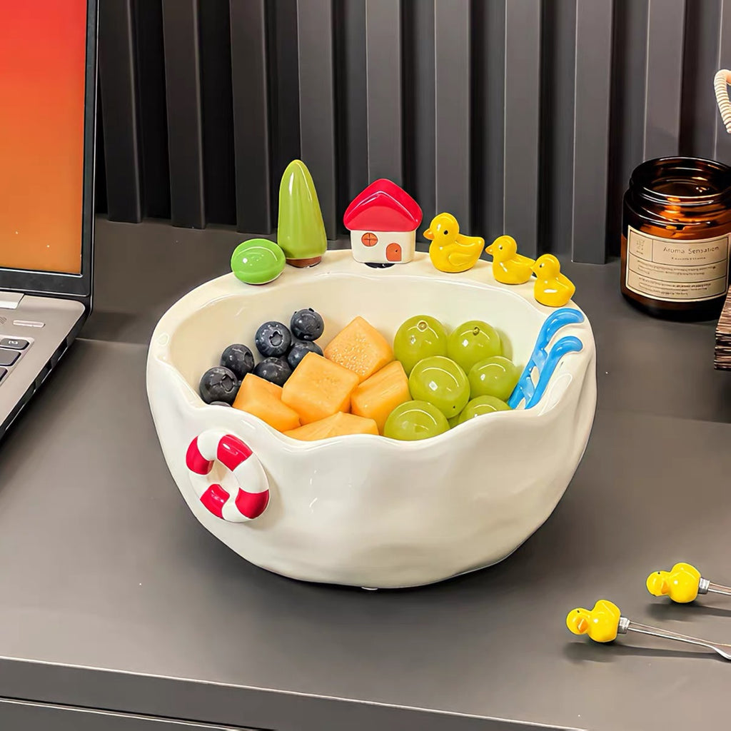 Ceramic Swimming Pool Fruit Bowl Set with Forks