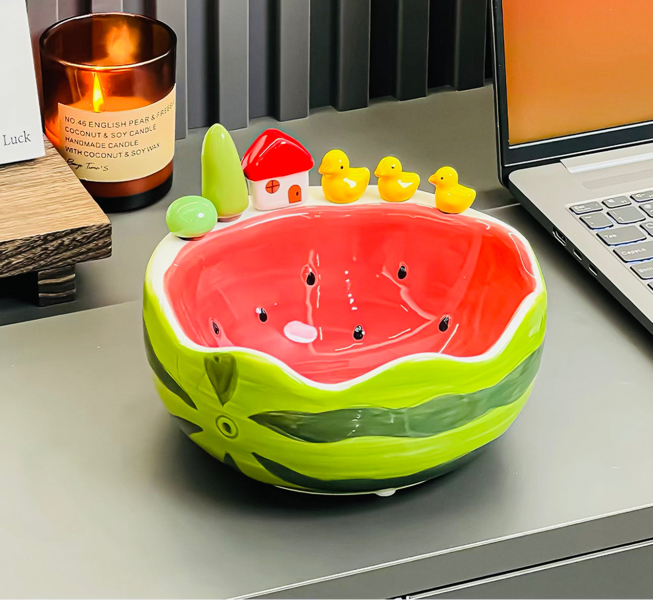 Ceramic Watermelon Fruit Bowl with Stainless Steel Forks