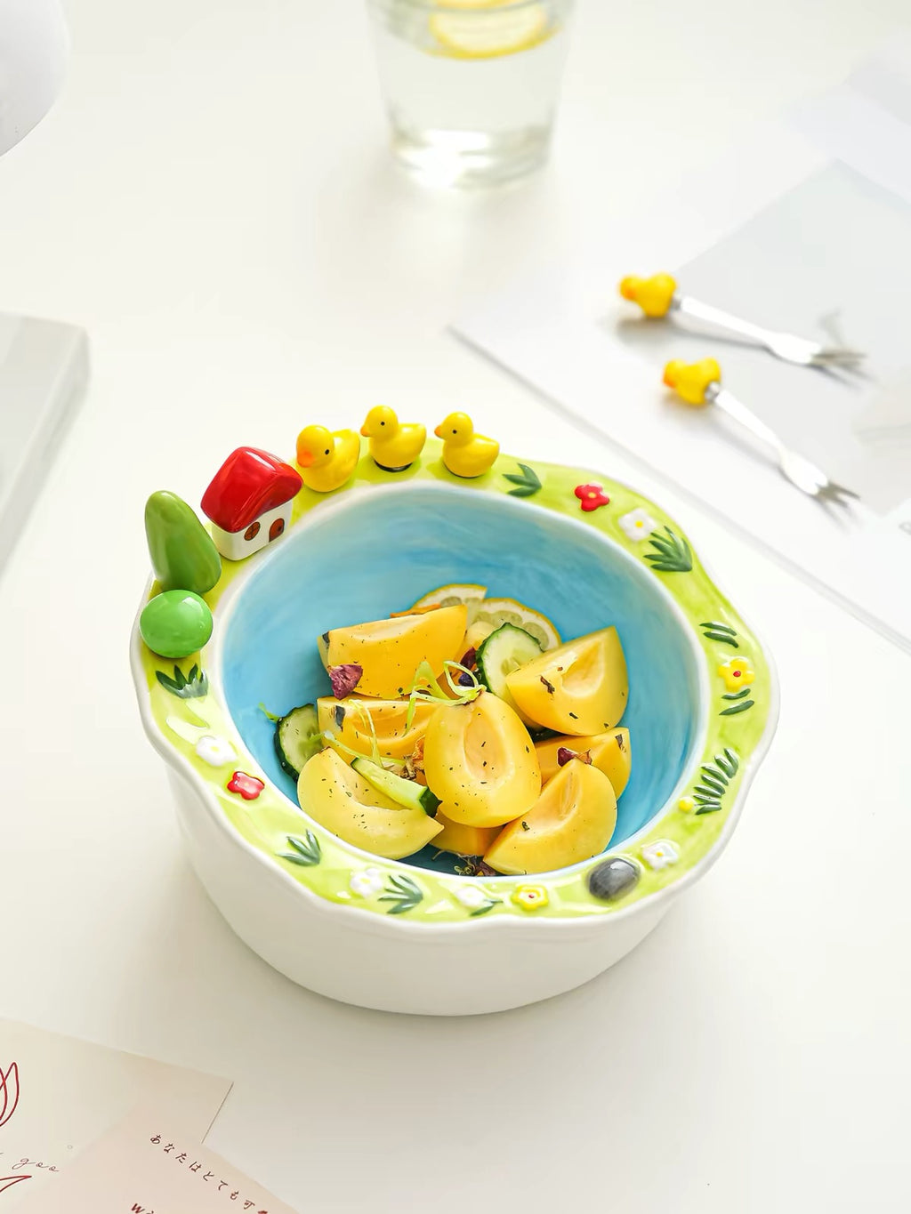 Ceramic Fruit Bowl Set with Matching Dessert Picks