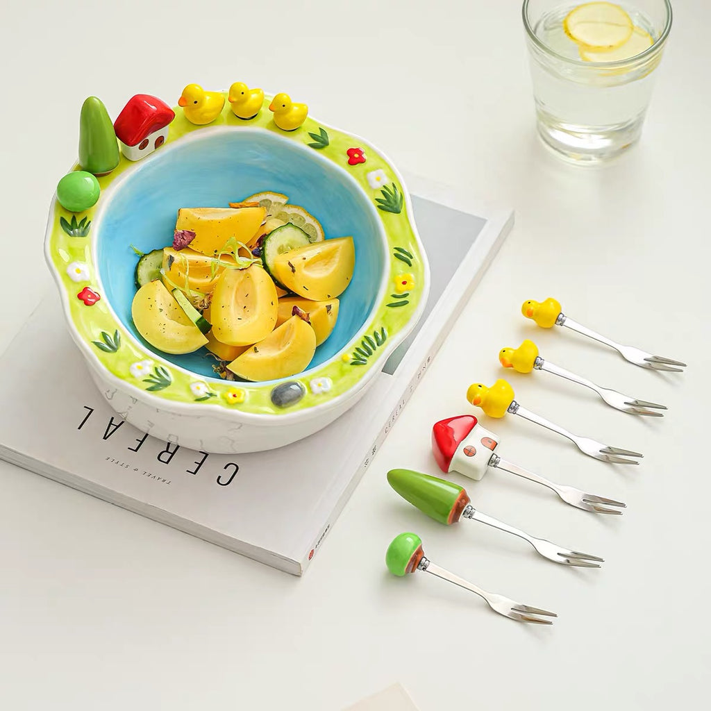 Ceramic Fruit Bowl Set with Matching Dessert Picks