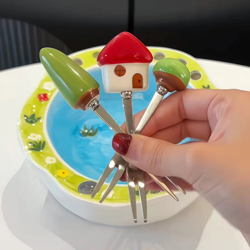 Ceramic Fruit Bowl Set with Matching Dessert Picks