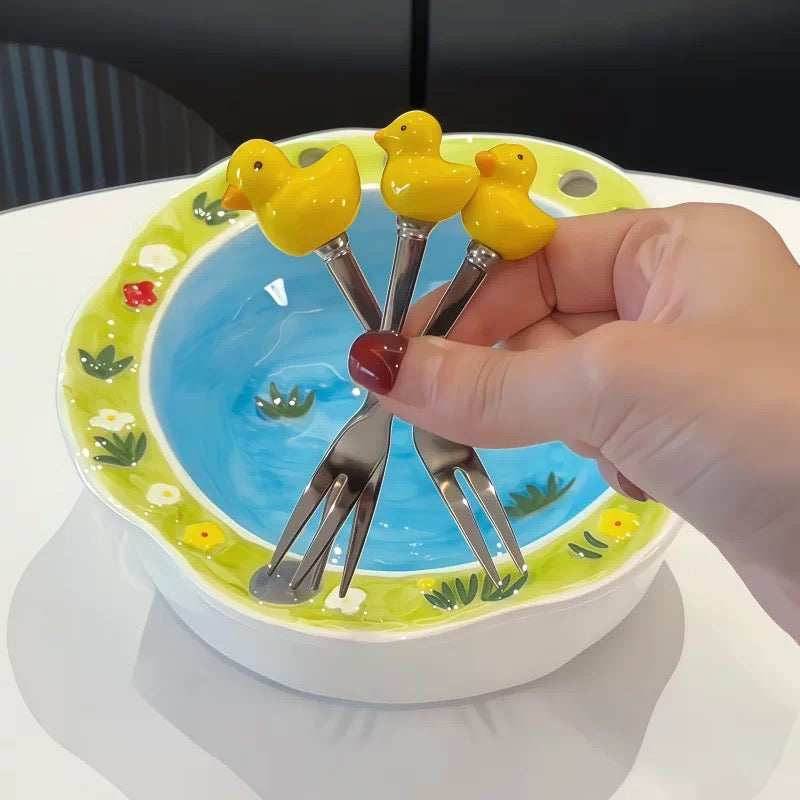 Ceramic Fruit Bowl Set with Matching Dessert Picks