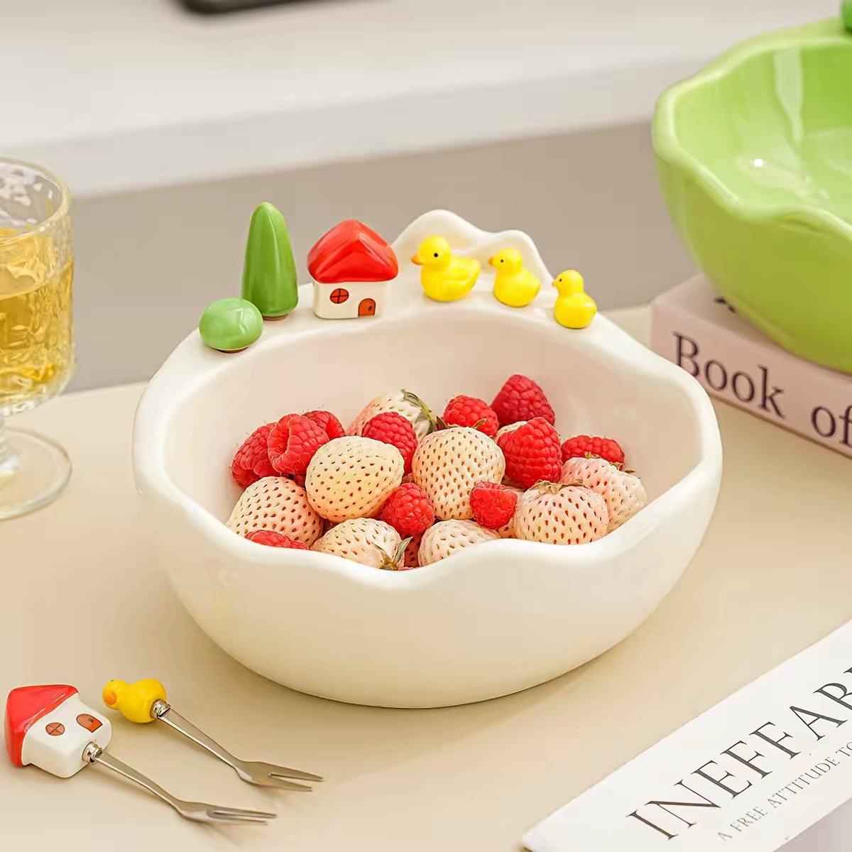 Ceramic Fruit Bowl Set with Matching Dessert Picks