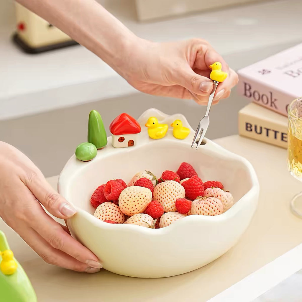 Ceramic Fruit Bowl Set with Matching Dessert Picks