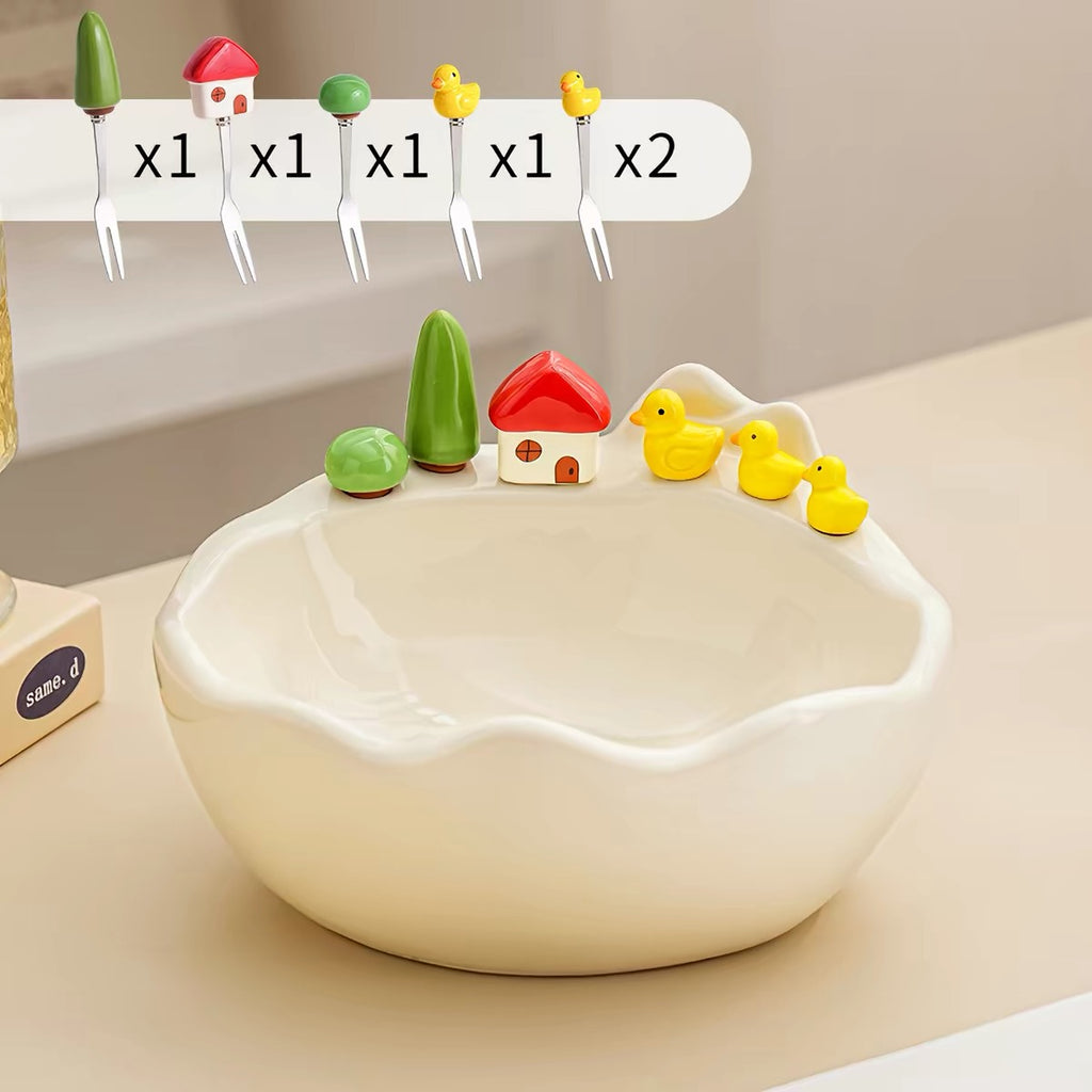 Ceramic Fruit Bowl Set with Matching Dessert Picks