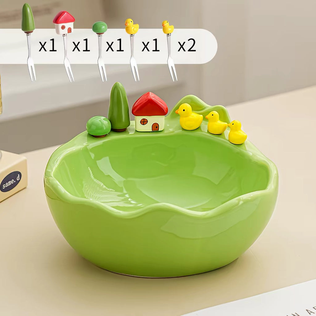 Ceramic Fruit Bowl Set with Matching Dessert Picks